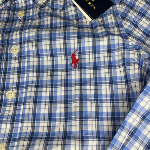 Polo Ralph Lauren kids shirt blue white plaid new size 140