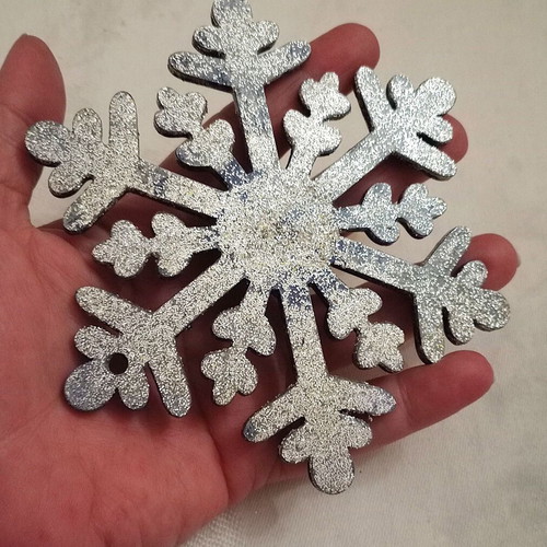 Wooden snowflake elements used, pack of 2, blue with silver glitter
