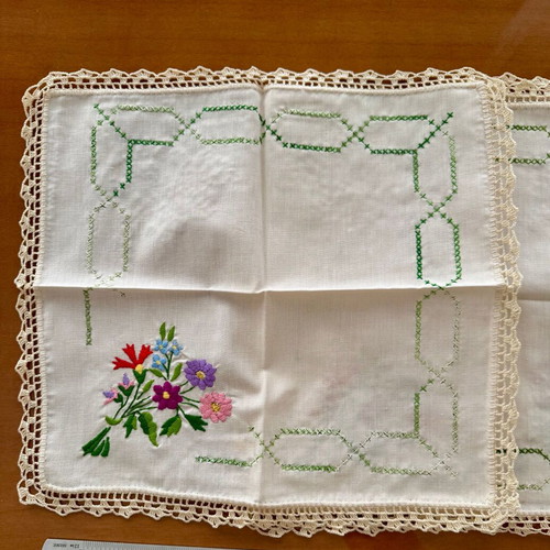 Small embroidered handmade doilies with lace edging set of 4