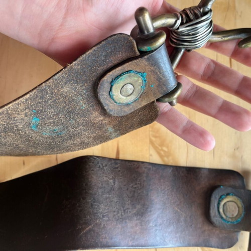 Brown leather belt with brass buckle used, size 90