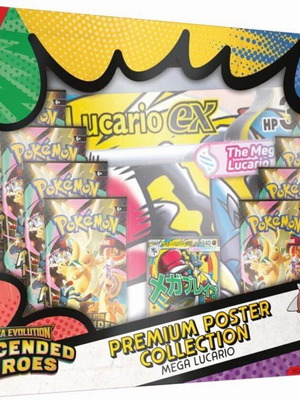 Pokemon Ascended Heroes package with Meganium box, Feraligatr, Emboar, Pin and Lucario poster new