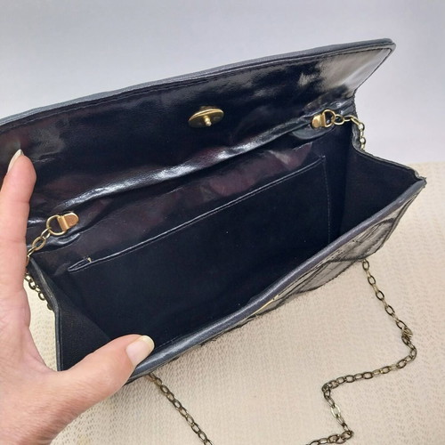 Vintage small leather evening bag, patchwork design, black