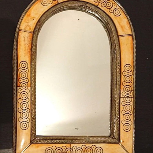 Vintage Moroccan mirror pair used, mid-century camel bone inlay
