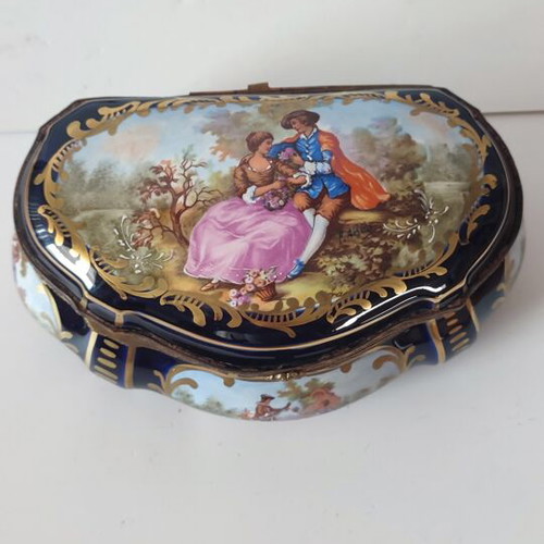 Sèvres Style Porcelain Jewelry Casket, Cobalt Blue with Gold