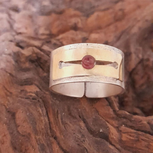 Handmade silver ring 925 with ruby and open bronze