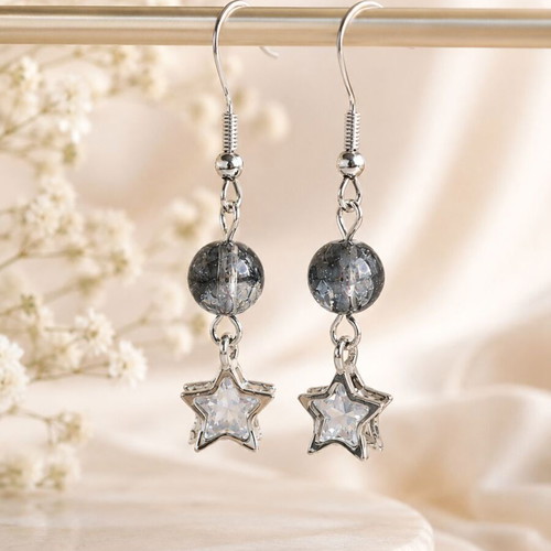 Cosmic Star Handmade Earrings with Silver Stars and Crackle Beads