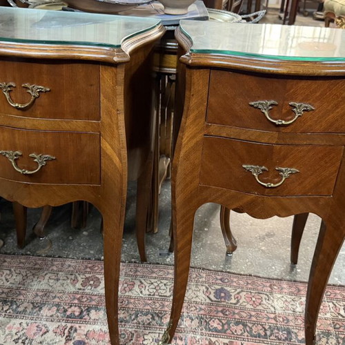Marquetry bedside tables like new, 35x40 cm, height 66 cm with glass