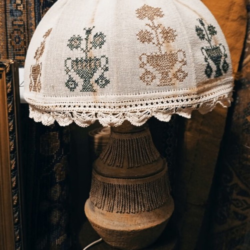 Vintage table lamp with traditional Greek embroidery