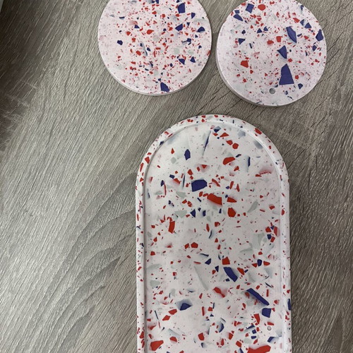 Handmade tray and coasters set with terrazzo mosaic effect, like new