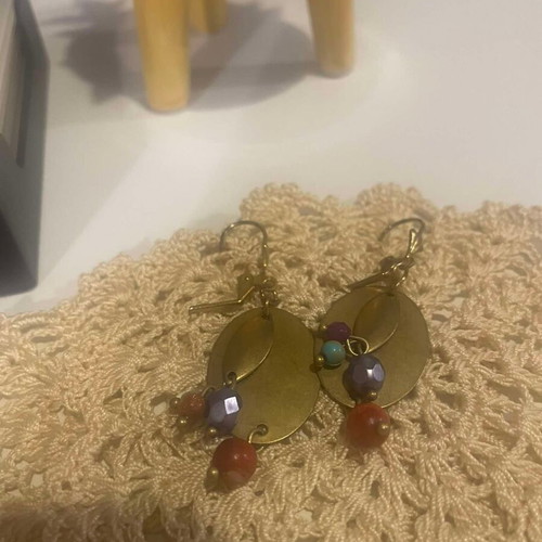 Handmade metal dangle earrings with beads, like new, gold-colored