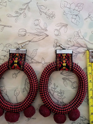 The Curious Cat statement ethnic earrings with fabric and burgundy pom-poms