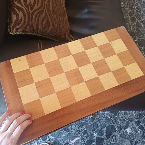 Vintage wooden 2-in-1 backgammon and chess set with checkers and dice