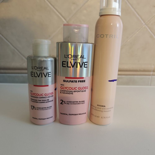 Elvive Glycolic Gloss shampoo and conditioner, Cotril mousse conditioner