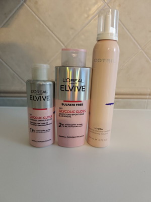 Elvive Glycolic Gloss shampoo and conditioner, Cotril mousse conditioner