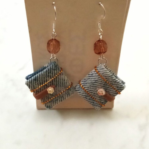 Handmade Earrings 'Βιβλιαράκι Ντενίμ' with Silver Hooks, Blue