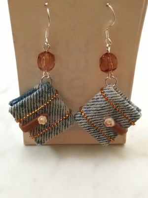 Handmade Earrings 'Βιβλιαράκι Ντενίμ' with Silver Hooks, Blue