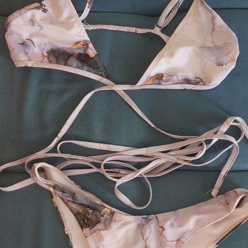 Polymorphic Triangle Bikini Set used, marble print, turquoise and gold