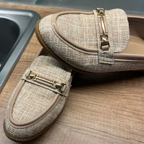 Tweed Loafers Size 37 Like New Beige with Gold Buckle
