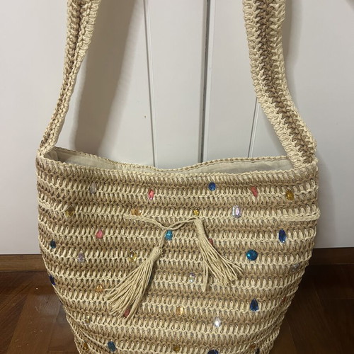 Calzedonia beige straw shoulder bag with multicolored stones