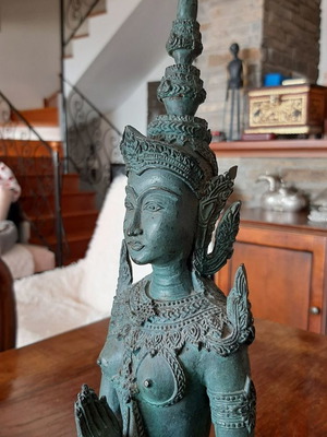 Asian art statue used, oxidized copper bronze, 39x14x11 cm
