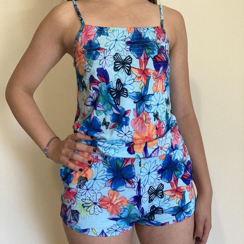 Floral mini romper like new, blue multicolor