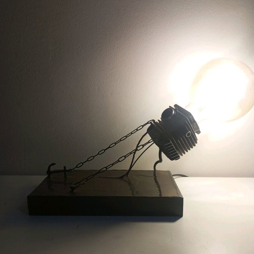 Handmade desk lamp from chainsaw parts and wood new