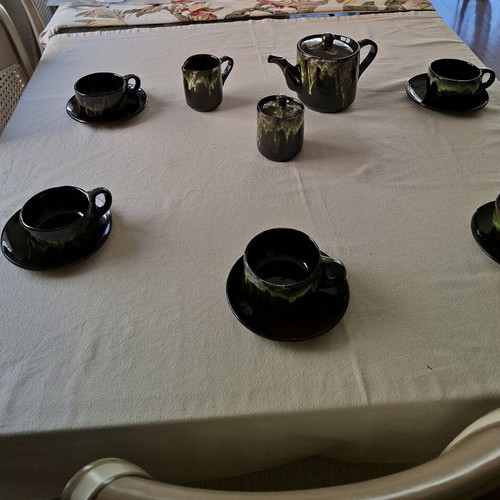 Vintage Vallauris ceramic tea set 1960s like new, brown-green lava glaze