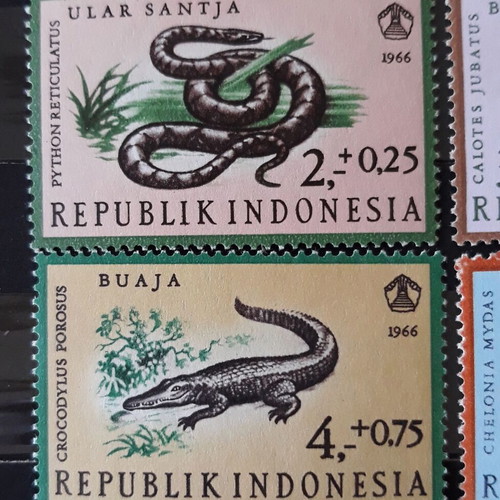 Indonesia 1966 stamp collection, reptiles complete 4-stamp set new
