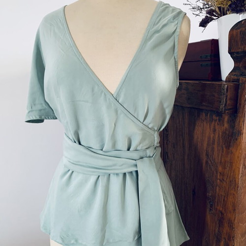 Ioanna Kourbela wrap blouse new, size S, aqua color with stain