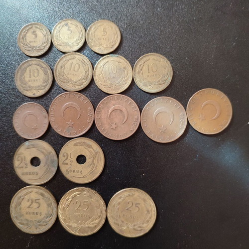 Turkish coins used, lot of 17 pieces 1948–1964