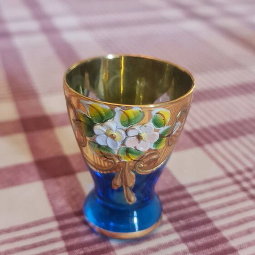 Vintage Tre Fuochi blue crystal liqueur set with 24K gold and embossed flowers like new (7 pcs)