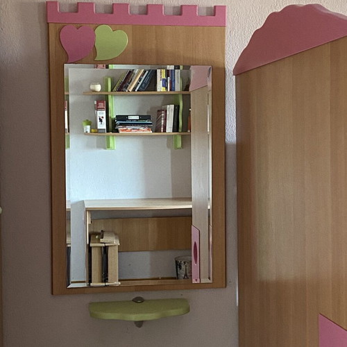 Children's bedroom furniture set, natural wood with green and pink details