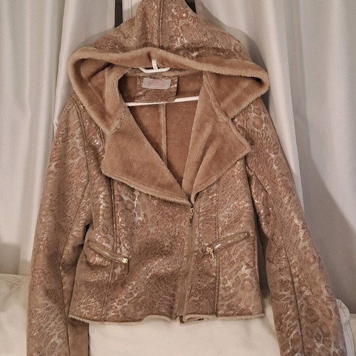 Jacket with hood made of faux fur new, beige and gold, L/M