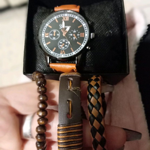 Men's watch and bracelets set new brown in gift box