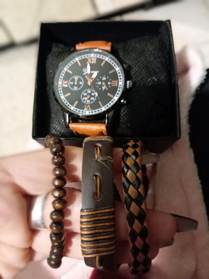 Men's watch and bracelets set new brown in gift box