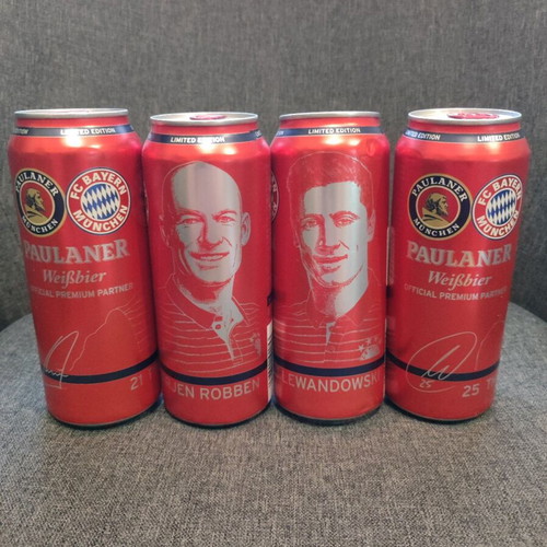 Paulaner x Bayern Munich collectible beer cans new, authentic