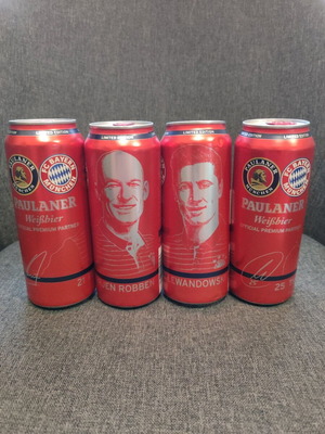 Paulaner x Bayern Munich collectible beer cans new, authentic