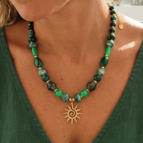 Maria Panariti Necklace with Sun Pendant and Green Beads new