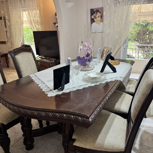 Dining table with 6 chairs and wooden dresser with mirror like new