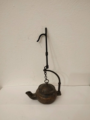 Bronze oil lamp used, vintage 1880-1900 with hook