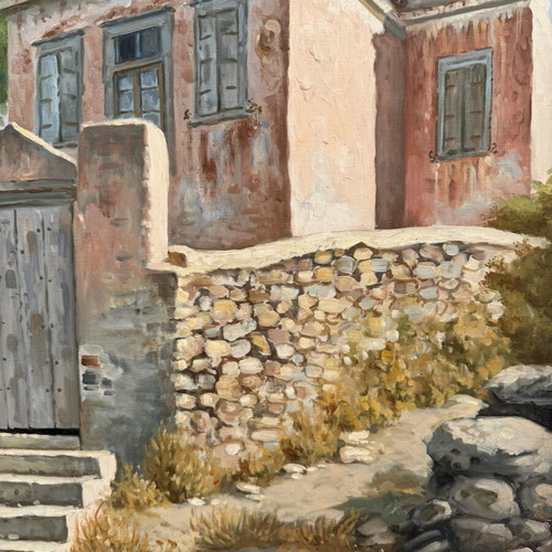 Oil painting by Antonios Voumbakis used, traditional Aegean house