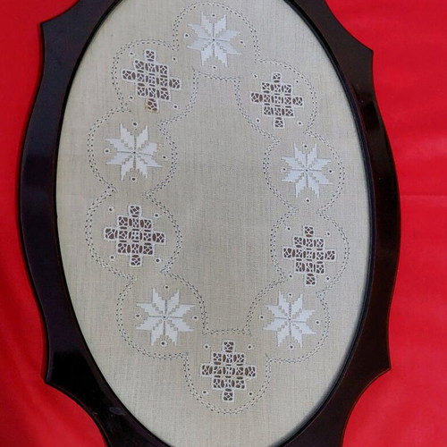 Oval serving tray with Lefkaritiko embroidery insert new 47x29 cm