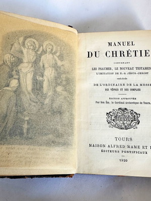 Γαλλικό βιβλίο Manuel du Chrétien μεταχειρισμένο, 1920, θρησκευτικό