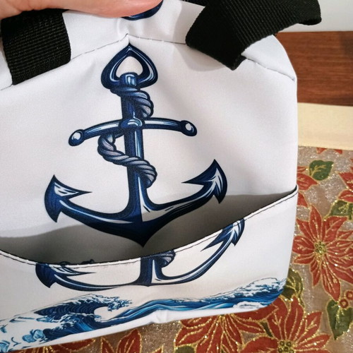 Thermal lunch bag with dark blue hook and nautical design, new