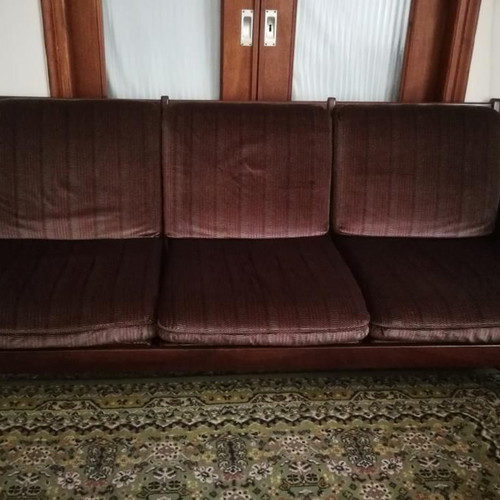 Classic three-seater sofa used, wood and rattan