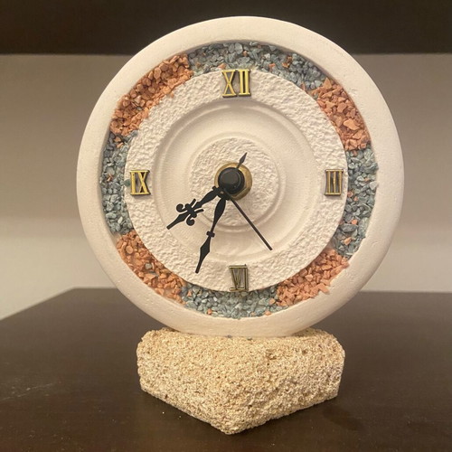 Decorative handmade clock like new, analog tabletop, stone material