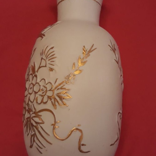 Limoges porcelain vase used, white matte with embossed gold flowers