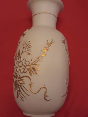 Limoges porcelain vase used, white matte with embossed gold flowers
