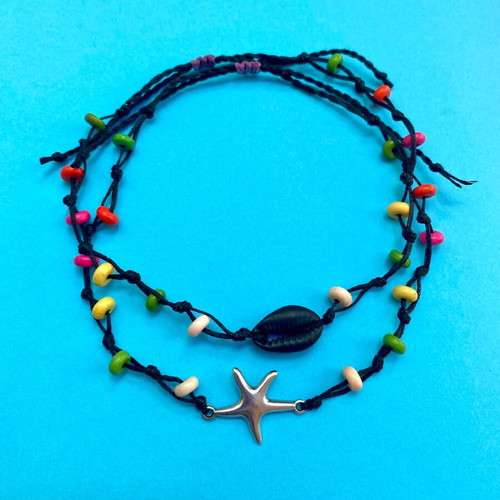Anklet set with stainless steel starfish, cowrie shell and colorful beads new