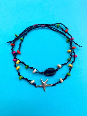 Anklet set with stainless steel starfish, cowrie shell and colorful beads new